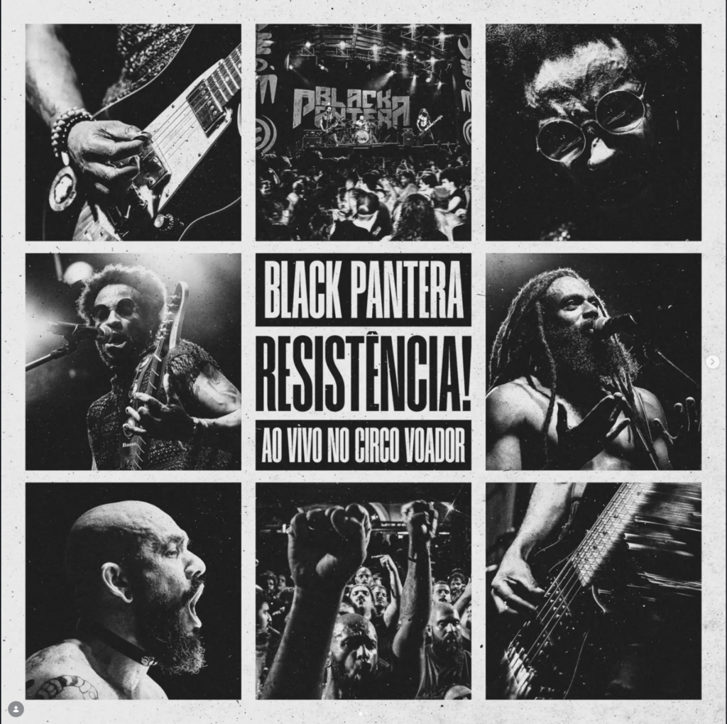 capa do disco/dvd da bvnda black pantera com 8 fotos do show mostrando publico e os três cantores